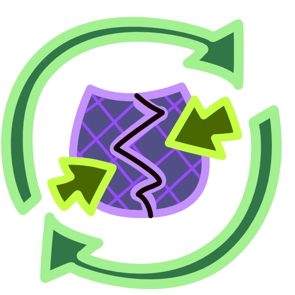 Two green arrows form a circle around a purple clay jar. There is a crack down the center of it and two bright green arrows point on either side of the crack as if pushing the pot back together. The image has light line art.